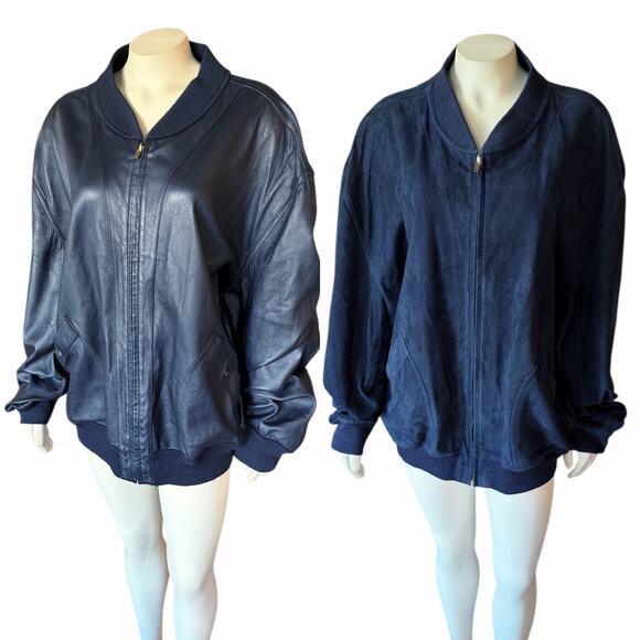 Bally Reversible Blue Suede Leather Bomber Jacket Vintage Sz 46 - Picture 1 of 16